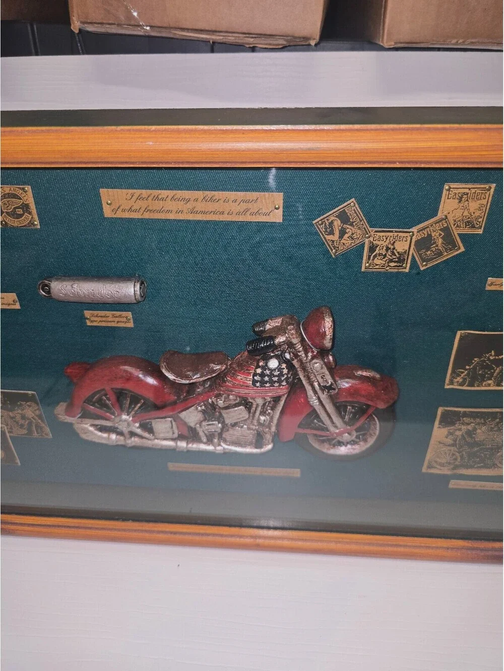 Vintage Biker Motorcycle Shadow Box 3D Wall Art Red American Flag Bike Goggles